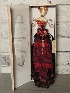 Vintage Victorian Lady Jewelry Stand Holder Burgundy Dress Display Boxed